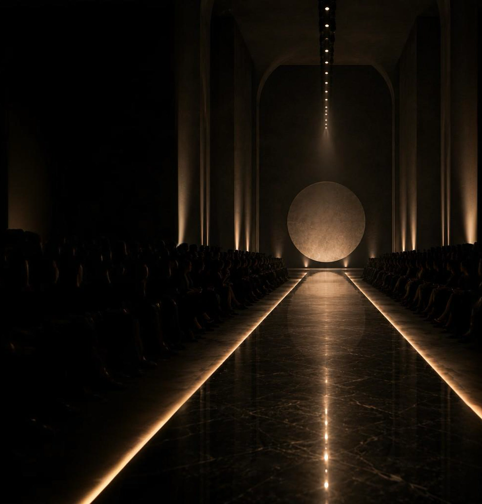 Runway set design: the dark hall, glossy catwalk and moon disc, locked as one space so every look walks under the same light