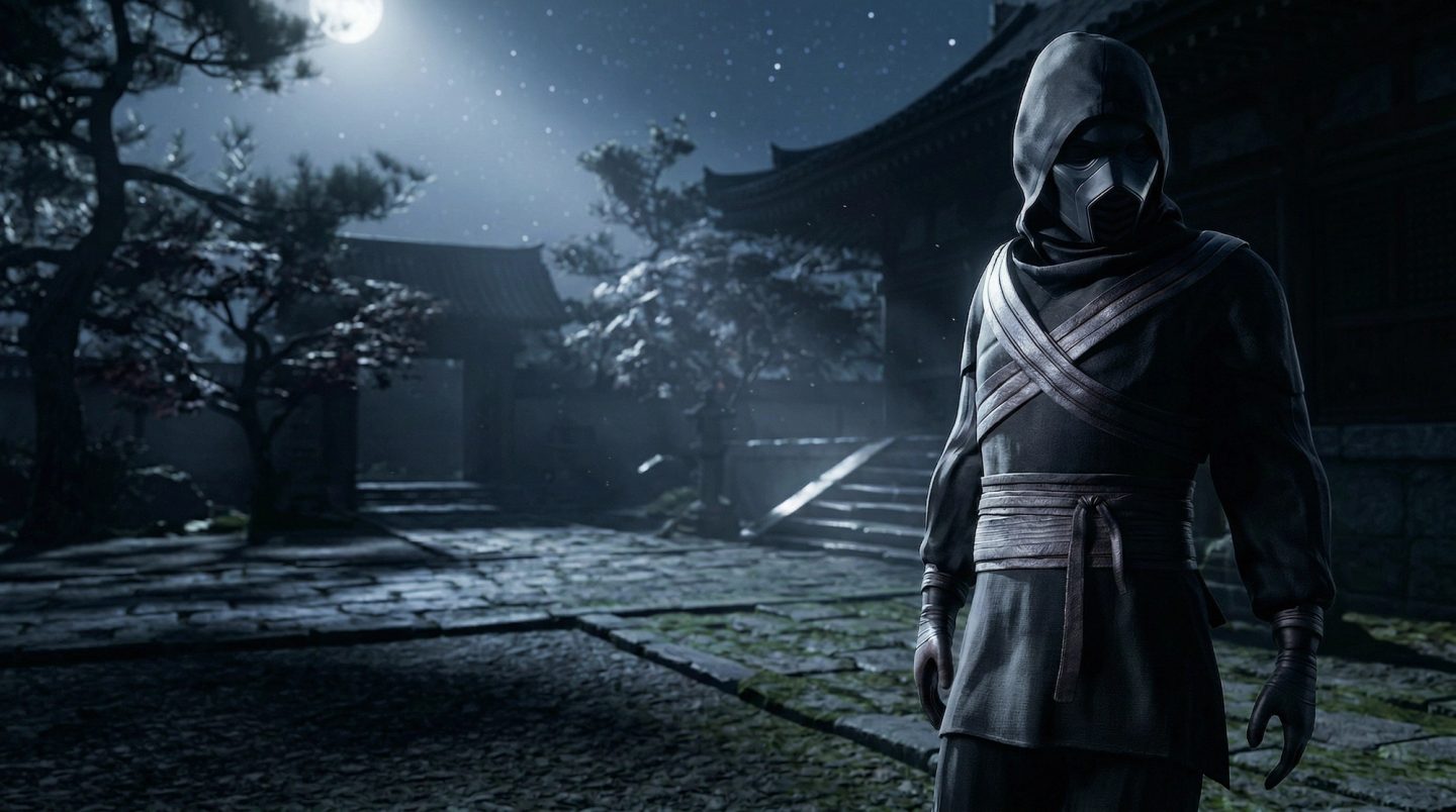 Ninja character standing in a moonlit Japanese courtyard in a cinematic game environment