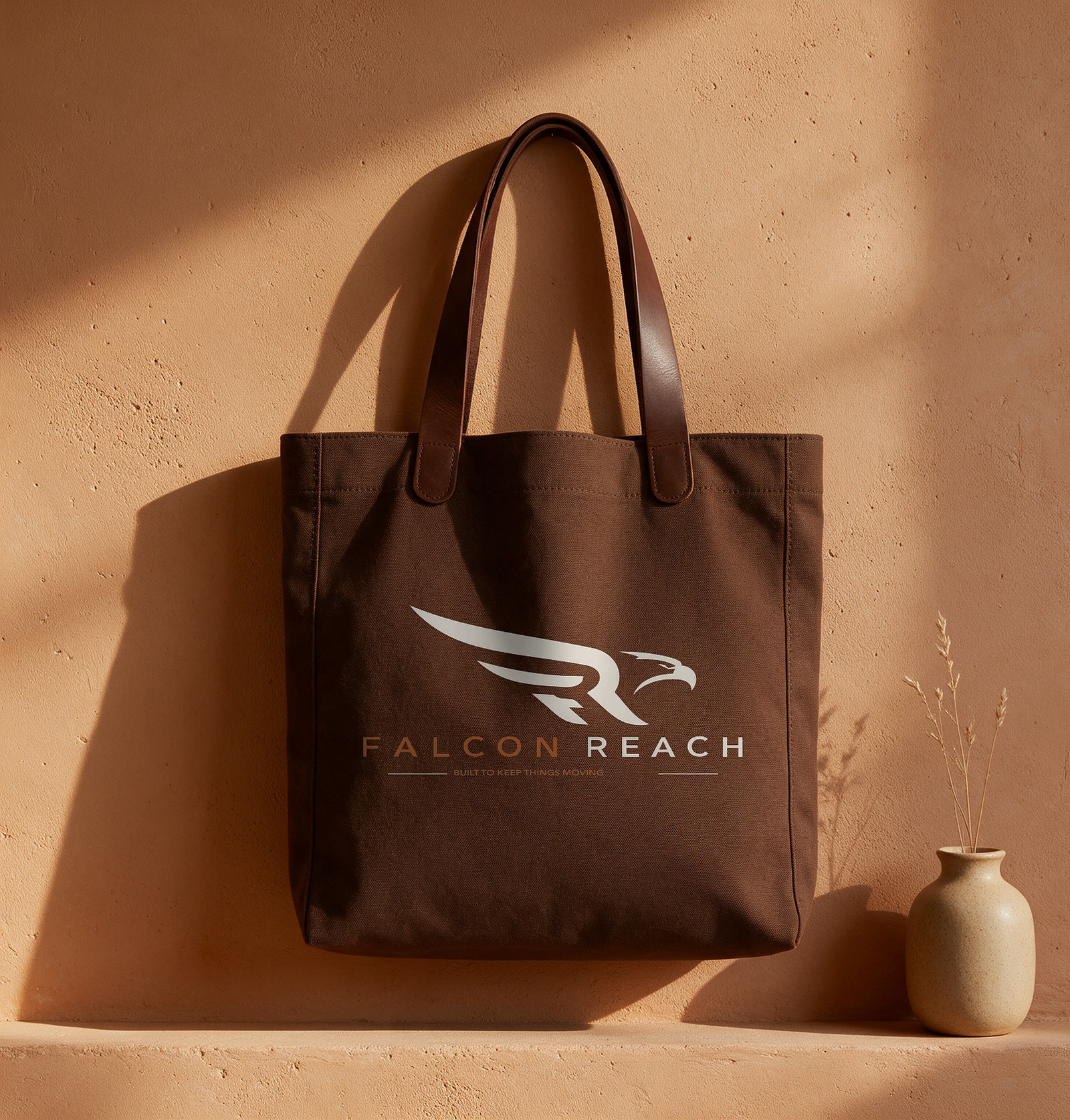 The Falcon Reach mark printed on an espresso canvas tote against a terracotta wall