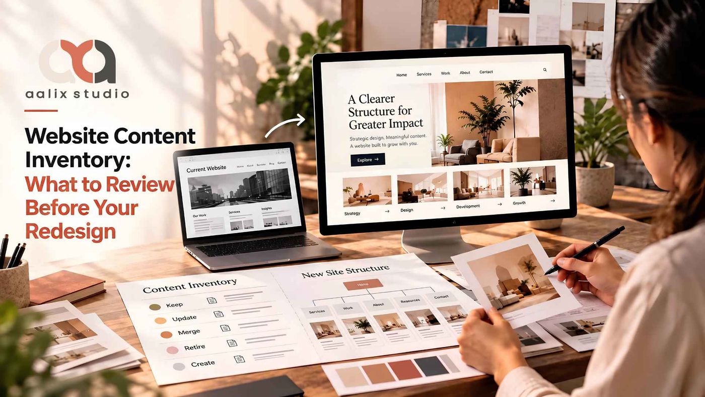 Website content inventory showing current website pages, content decisions, and a new site structure before redesign
