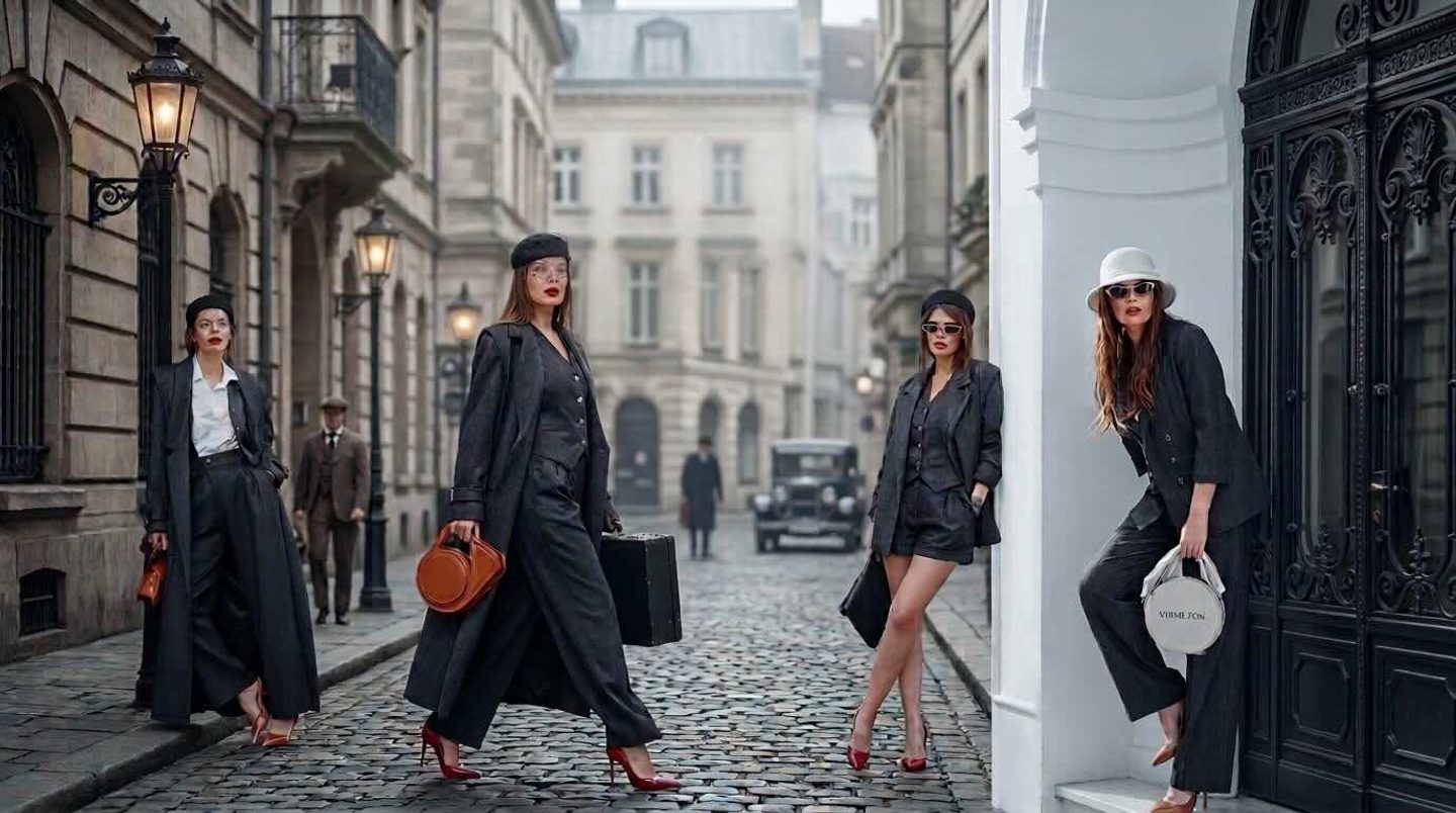 Models wearing Vir Maison autumn outerwear on a European city street