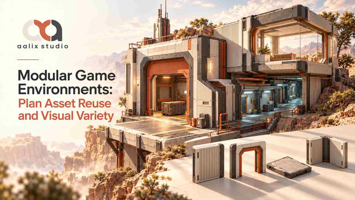 Modular game environment built from reusable architectural assets with visual variation