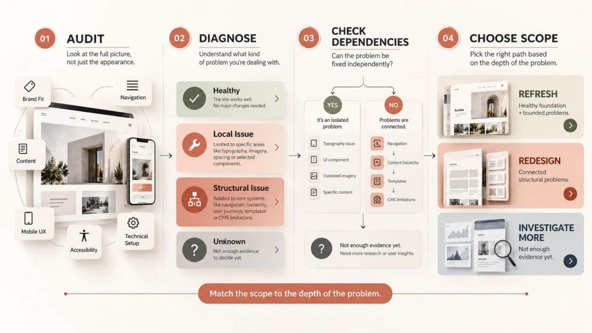 Website redesign checklist showing audit, diagnosis, dependencies, and scope decisions for refresh, redesign, or further investigation