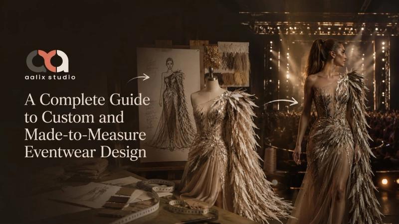 Custom eventwear design shown from fashion sketch and dress form to a finished stage gown