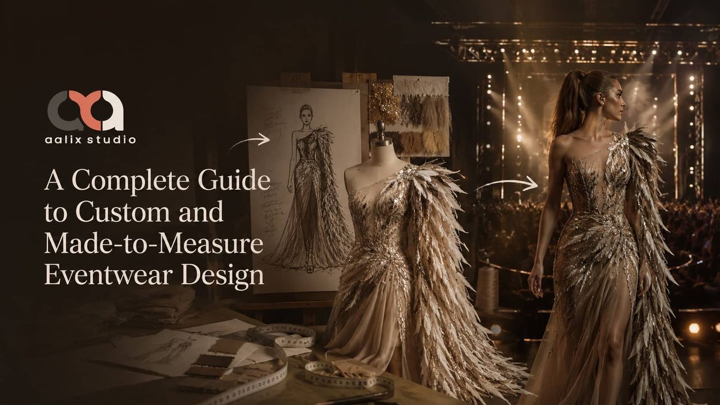 Custom eventwear design shown from fashion sketch and dress form to a finished stage gown