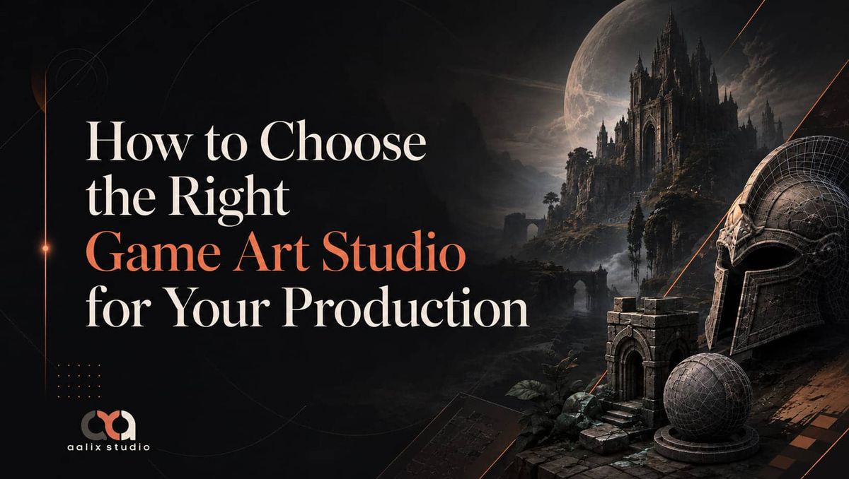 How to Choose the Right Game Art Studio for Your Production cover image with a dark fantasy game environment, castle, and 3D helmet asset