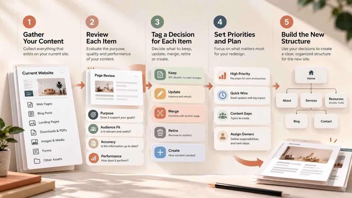 Website content inventory workflow showing content review, keep update merge retire decisions, priorities, and new site structure