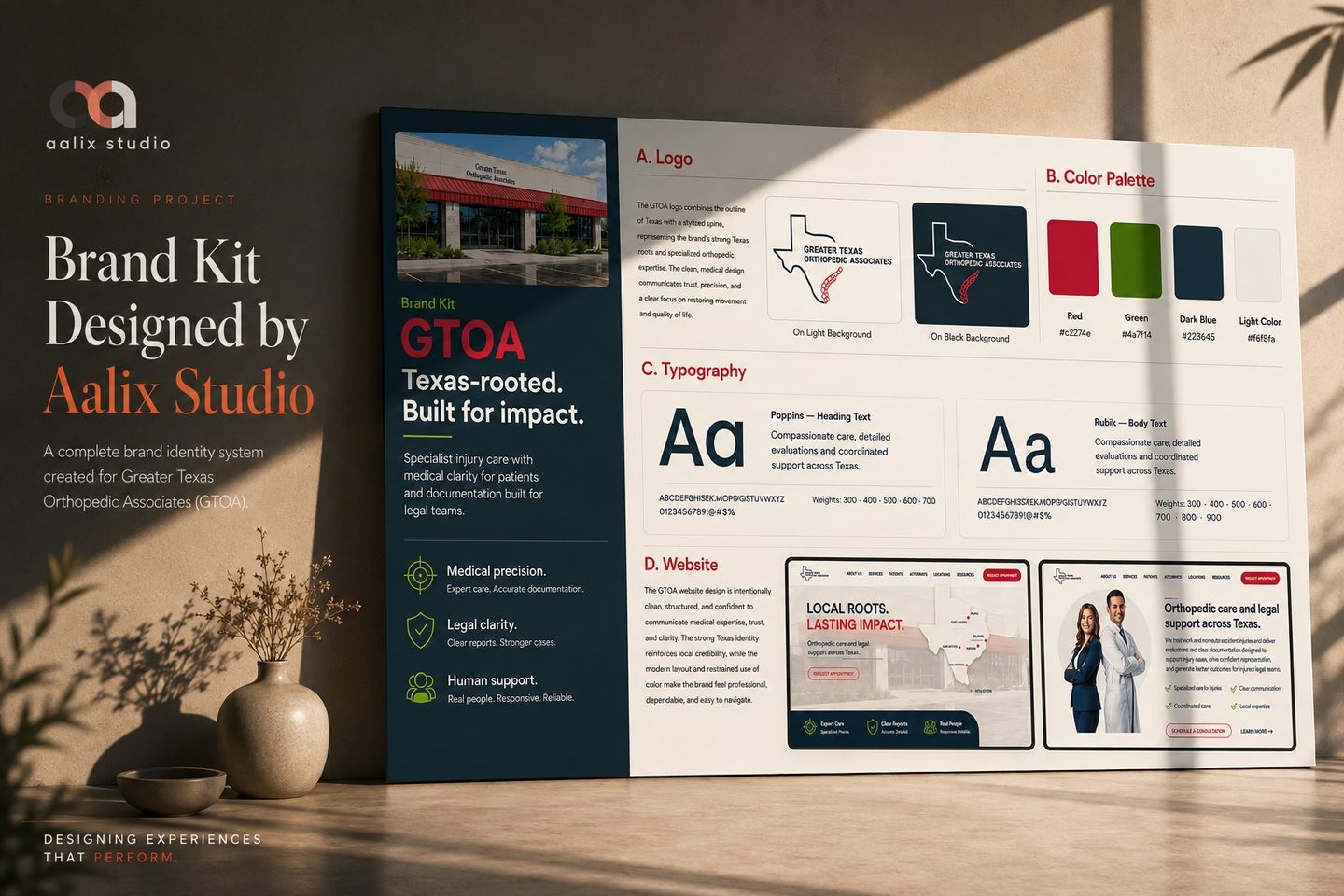 GTOA healthcare brand kit with logo, color palette, typography, and visual identity elements