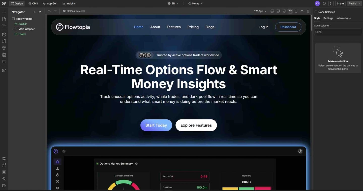 Final Webflow redesign of Flowtopia showing real-time options flow dashboard and smart money insights interface