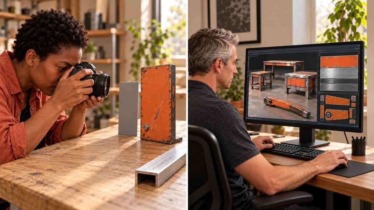 Artists reviewing surface details and texture mapping for reusable game assets