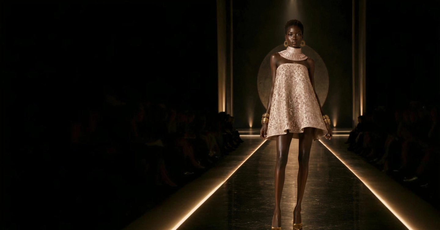 Look 01: blush jacquard trapeze mini with a sculpted collar and gold cuffs, opening the show