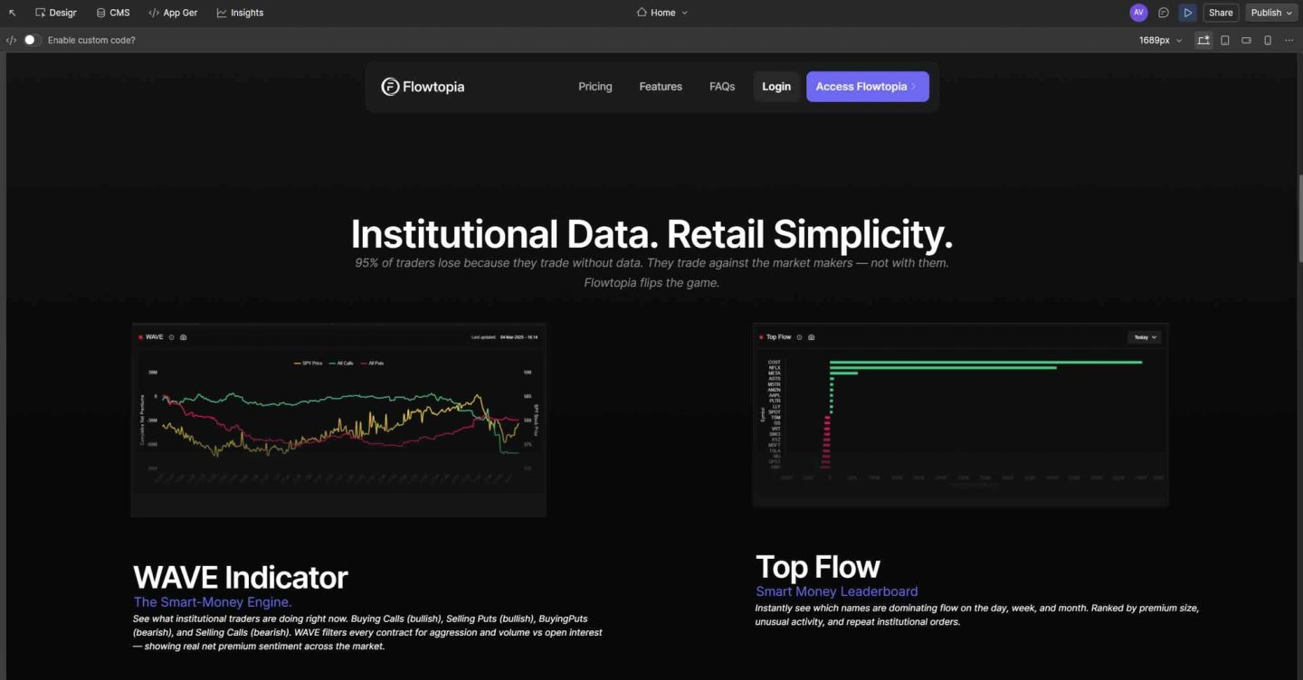 Flowtopia dashboard exploration for options flow and market indicators