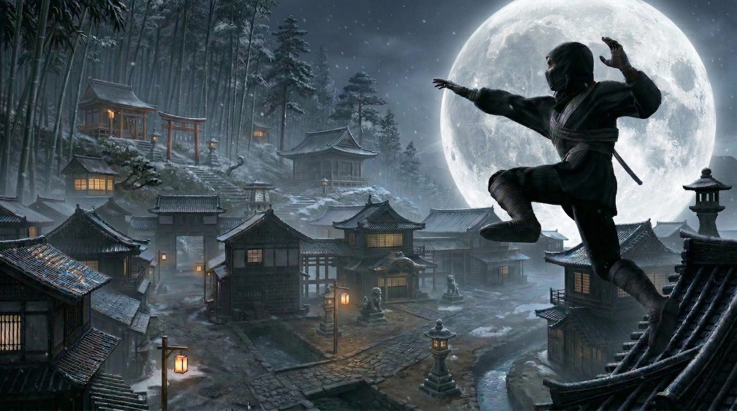Ninja character leaping across a moonlit Japanese village in a cinematic game environment