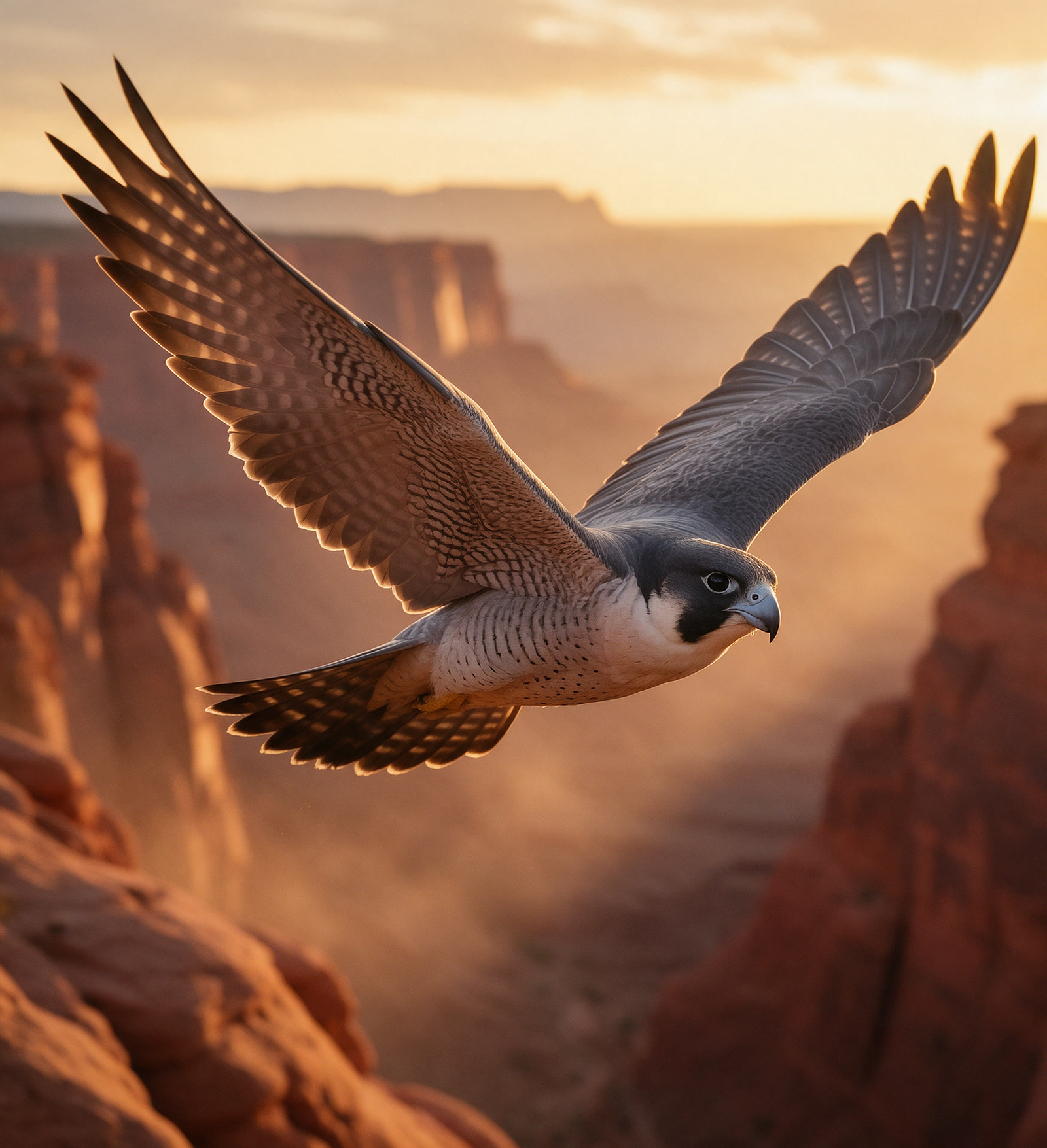 A peregrine falcon over a terracotta canyon, the spirit behind the Falcon Reach mark