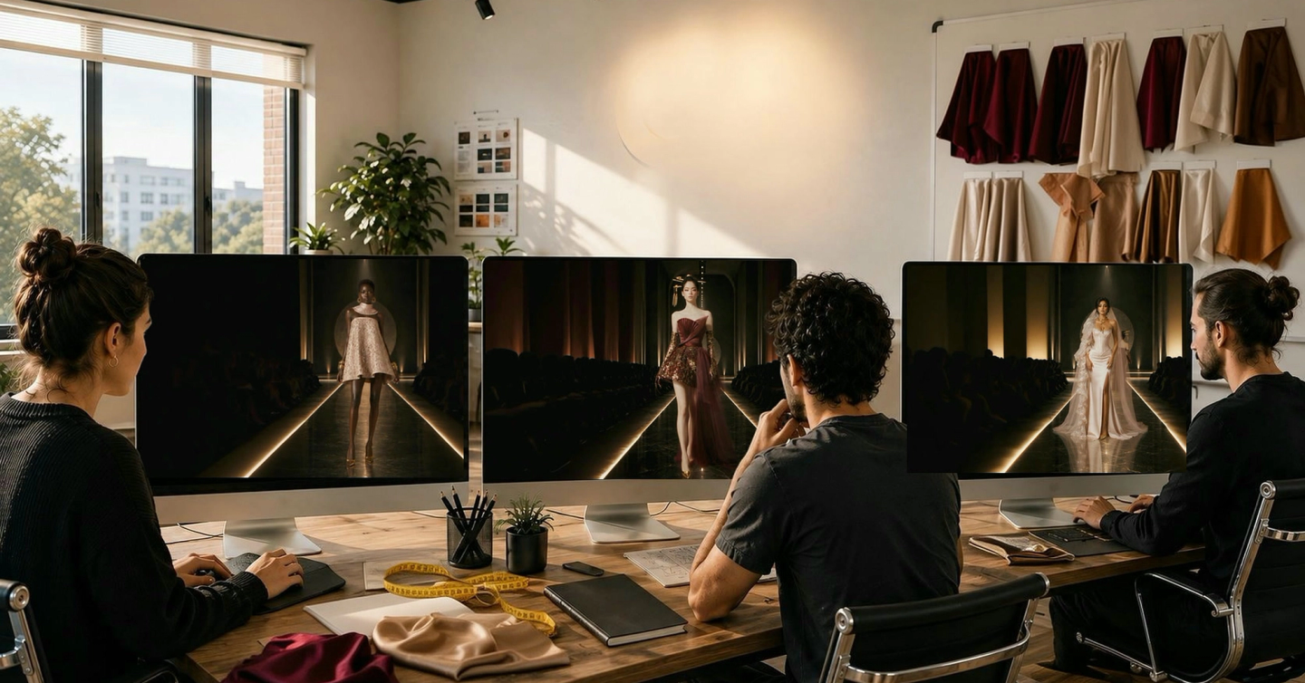 Directing the show shot by shot in the Aalix Studio edit suite: Looks 01, 04 and 05 on the runway