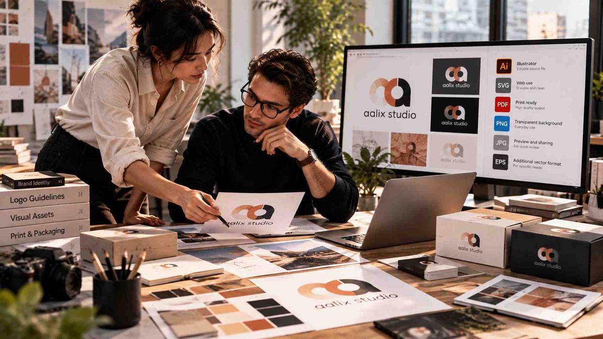 Design team reviewing AI, SVG, PDF, PNG, JPG, and EPS logo files during brand handover