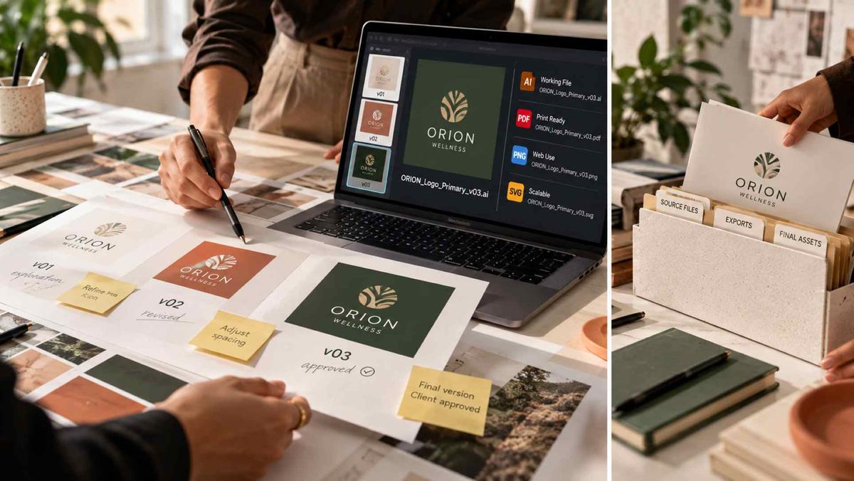 Designer reviewing logo versions and approved source files alongside PDF, PNG, and SVG exports