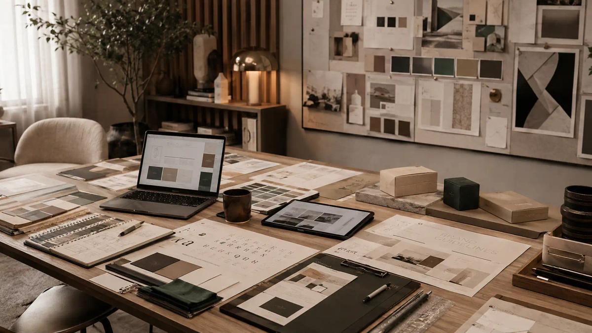 Visual identity system workspace with typography, color palettes, layouts, packaging, and brand guidelines
