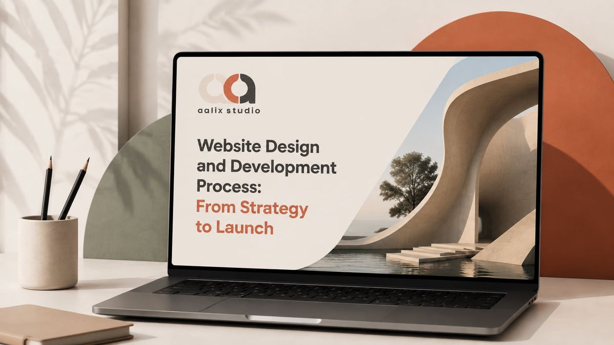 Website design and development process shown on a laptop with Aalix Studio branding and a modern digital interface