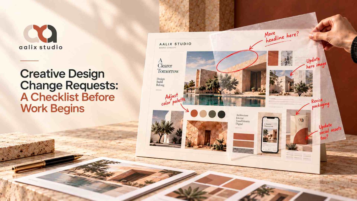 Creative design change request checklist shown on a branded design board with revision notes and requested updates