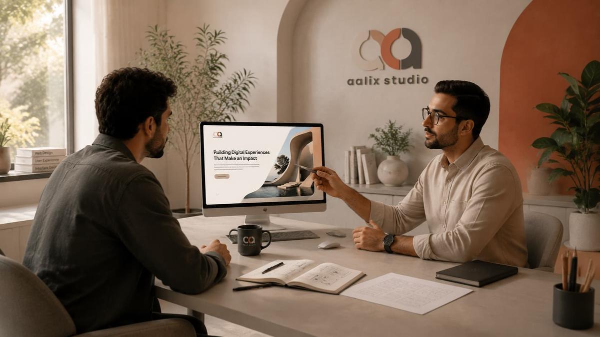 Website designer discussing strategy, user experience, and interface direction with a client at Aalix Studio
