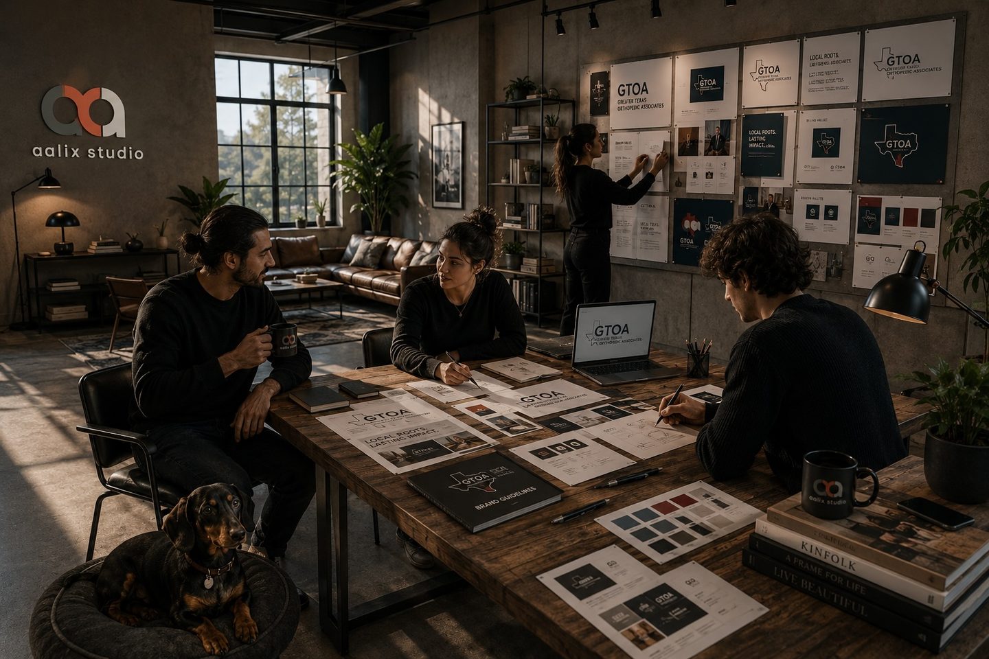 Aalix Studio team reviewing GTOA healthcare branding concepts, logo applications, and visual identity materials in the studio