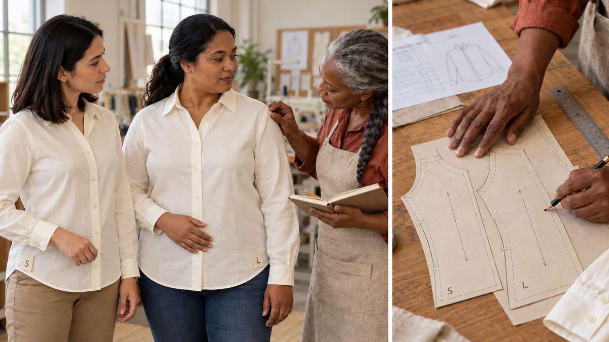 Fashion team reviewing garment fit and pattern grading across different sample sizes