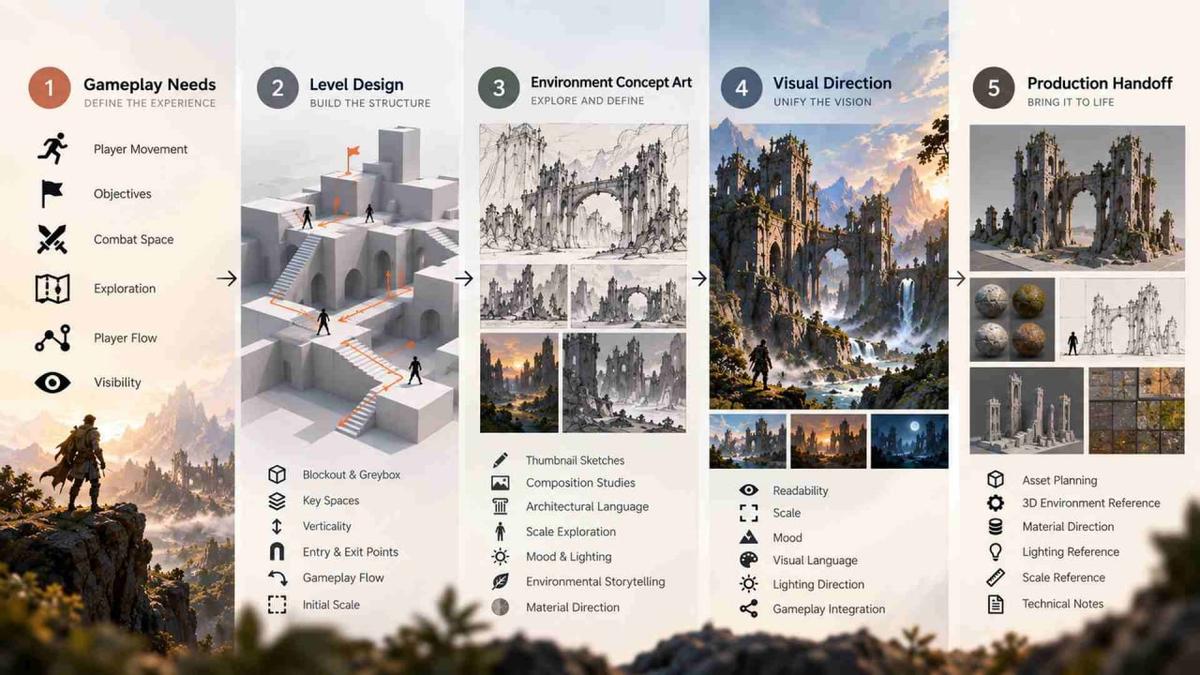 Environment concept art process from gameplay needs and level design to production handoff