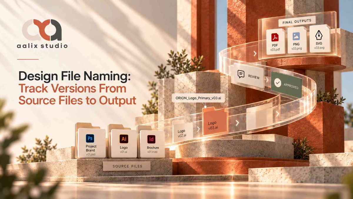 Design file naming workflow connecting source files, version review, approval, and final output formats
