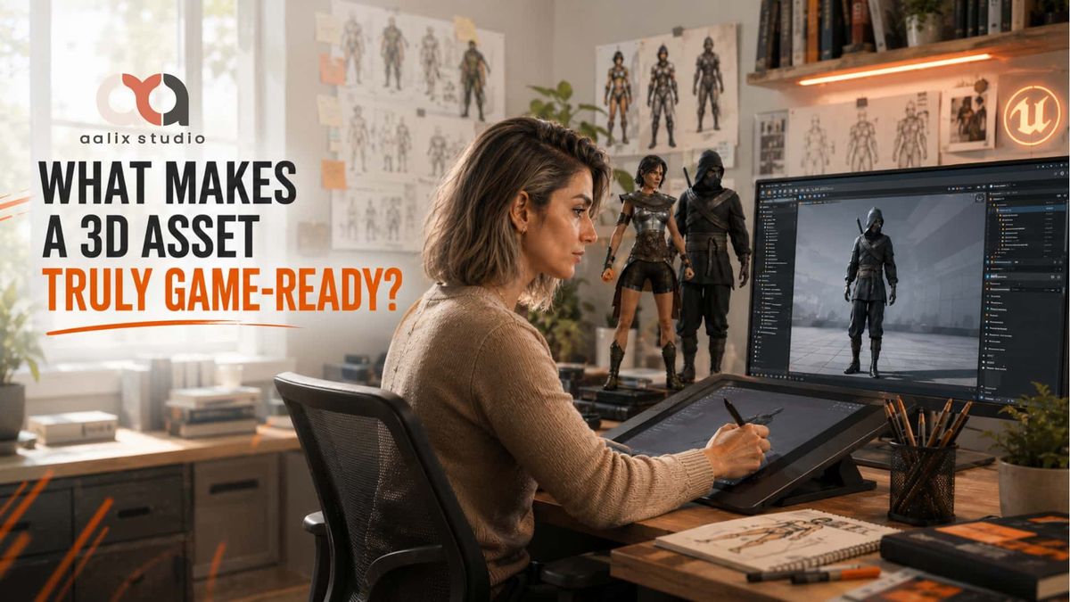 3D artist developing and testing game-ready character assets in a professional production environment