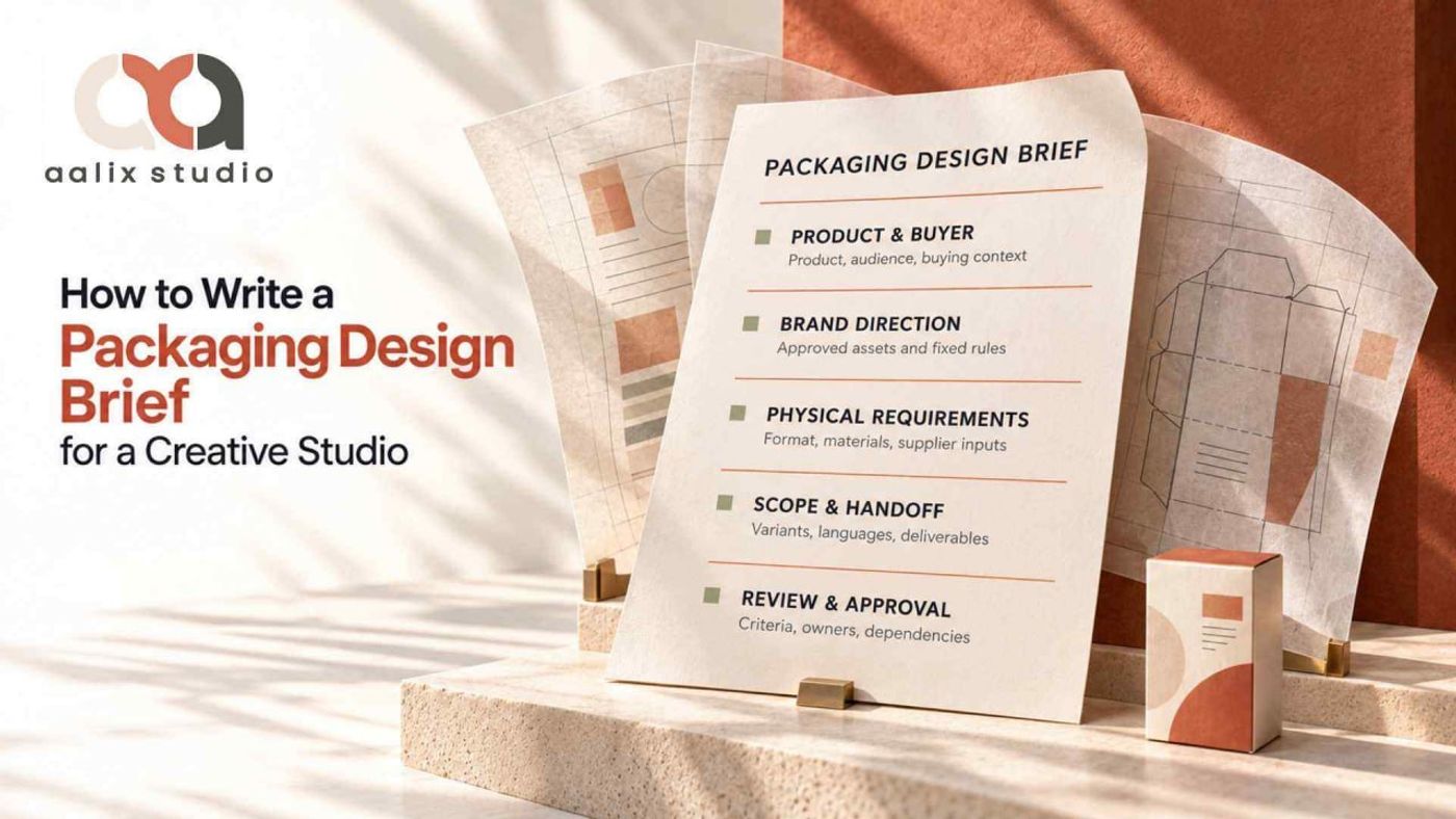 Packaging design brief showing product, brand, physical requirements, scope, and approval sections