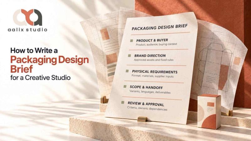 Packaging design brief showing product, brand, physical requirements, scope, and approval sections