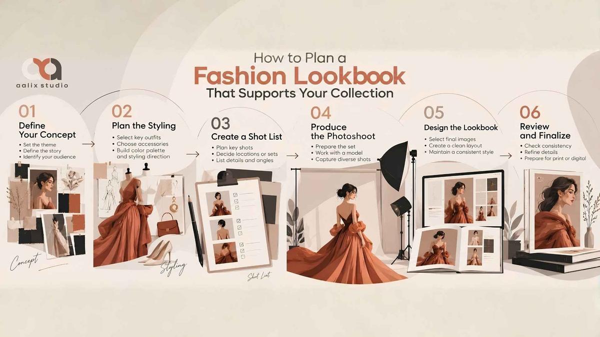 Fashion lookbook planning process from concept and styling to shot list, photoshoot, layout, and final review