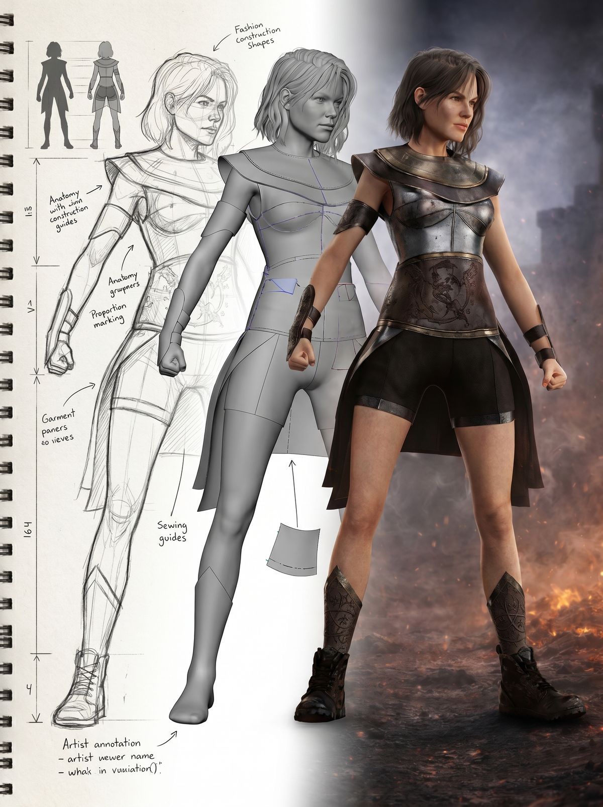 Cinematic female warrior character concept art for digital character design and fantasy storytelling
