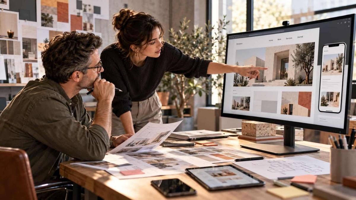 Design team reviewing a website redesign strategy across desktop and mobile layouts
