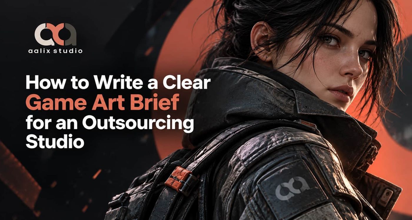 Game art brief for outsourcing featuring a detailed game character and production-focused visual direction