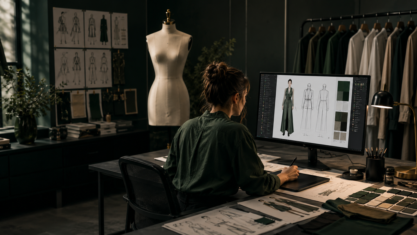 Fashion designer developing a digital garment in a professional fashion studio