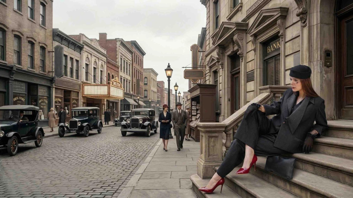 Model wearing Vir Maison autumn outerwear on a European city street
