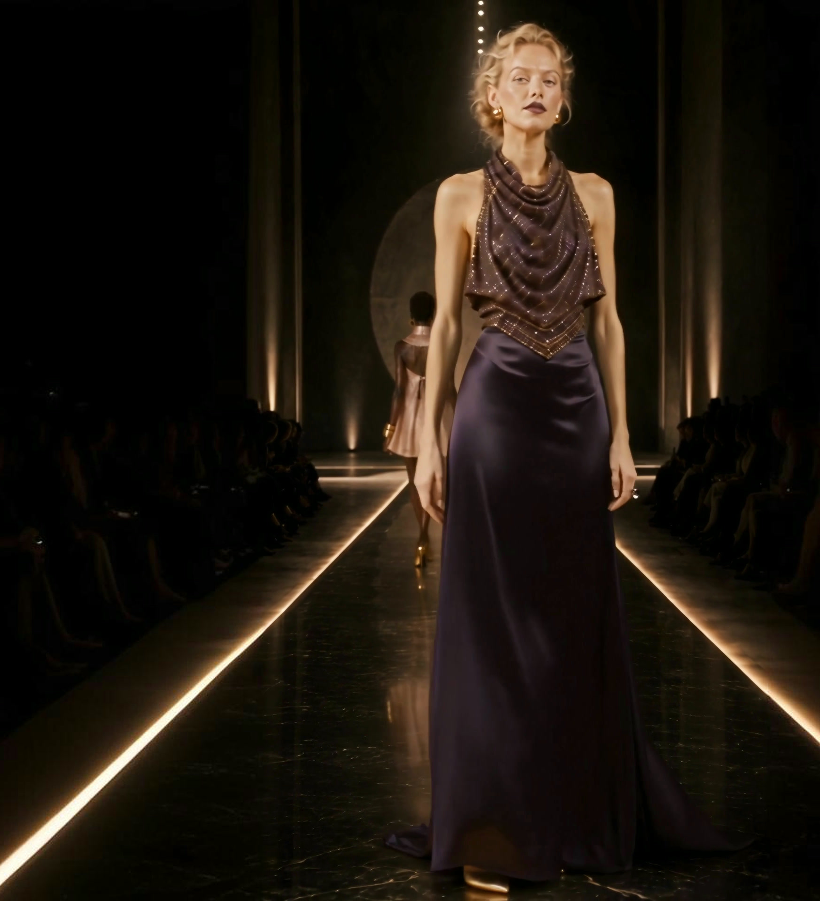 Look 02: plum satin column gown with a beaded cowl halter