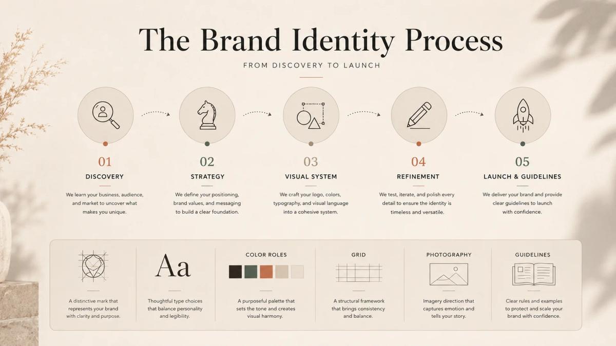 Five-stage brand identity process covering discovery, strategy, visual system, refinement, launch, and brand guidelines