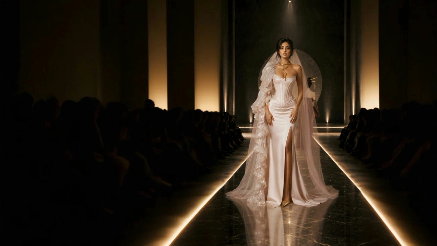 Bridal satin corset gown with a ruffled tulle veil walking the runway of the Aalix Studio digital fashion show