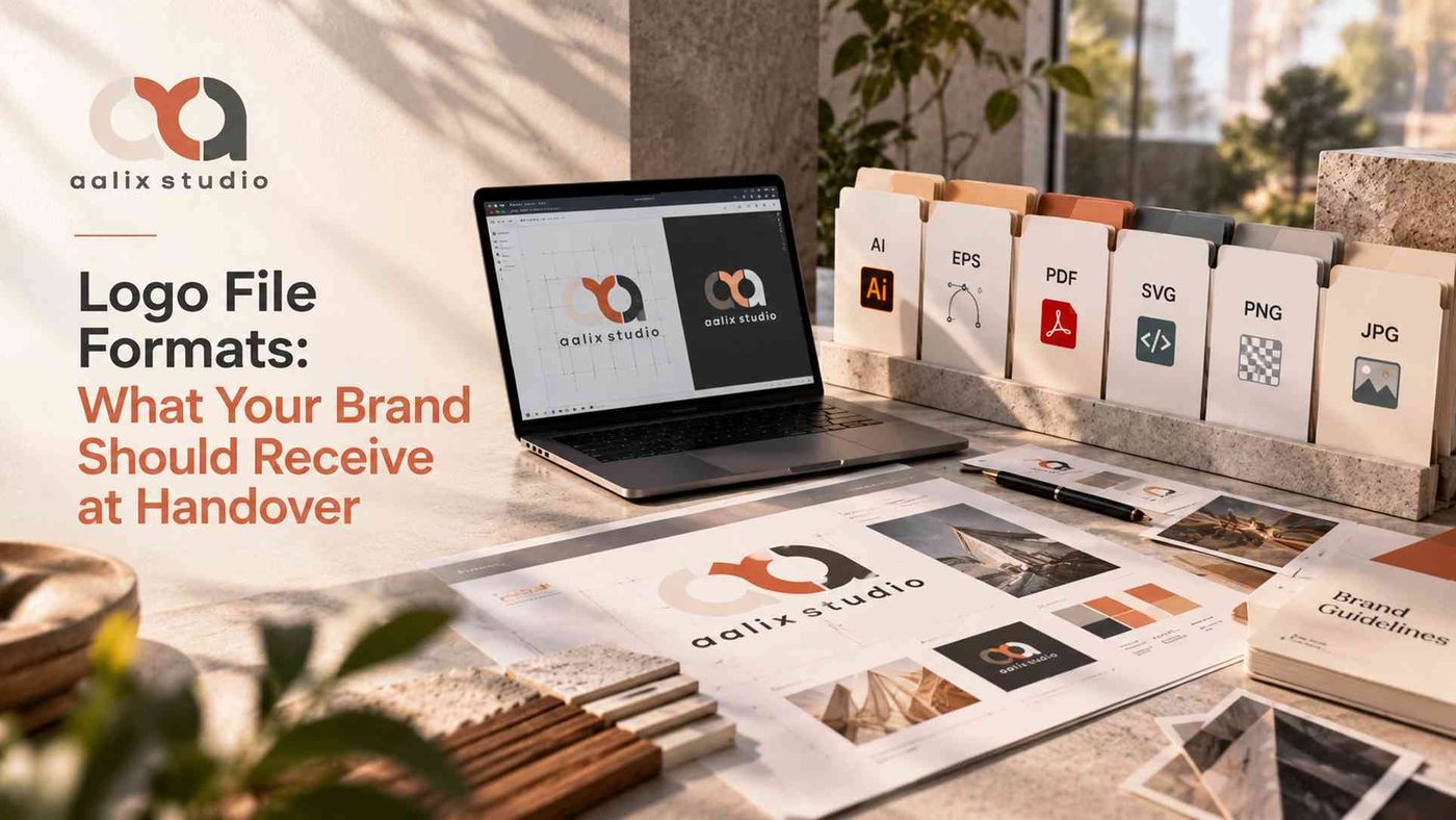 Logo file formats including AI, EPS, PDF, SVG, PNG, and JPG prepared for brand handover