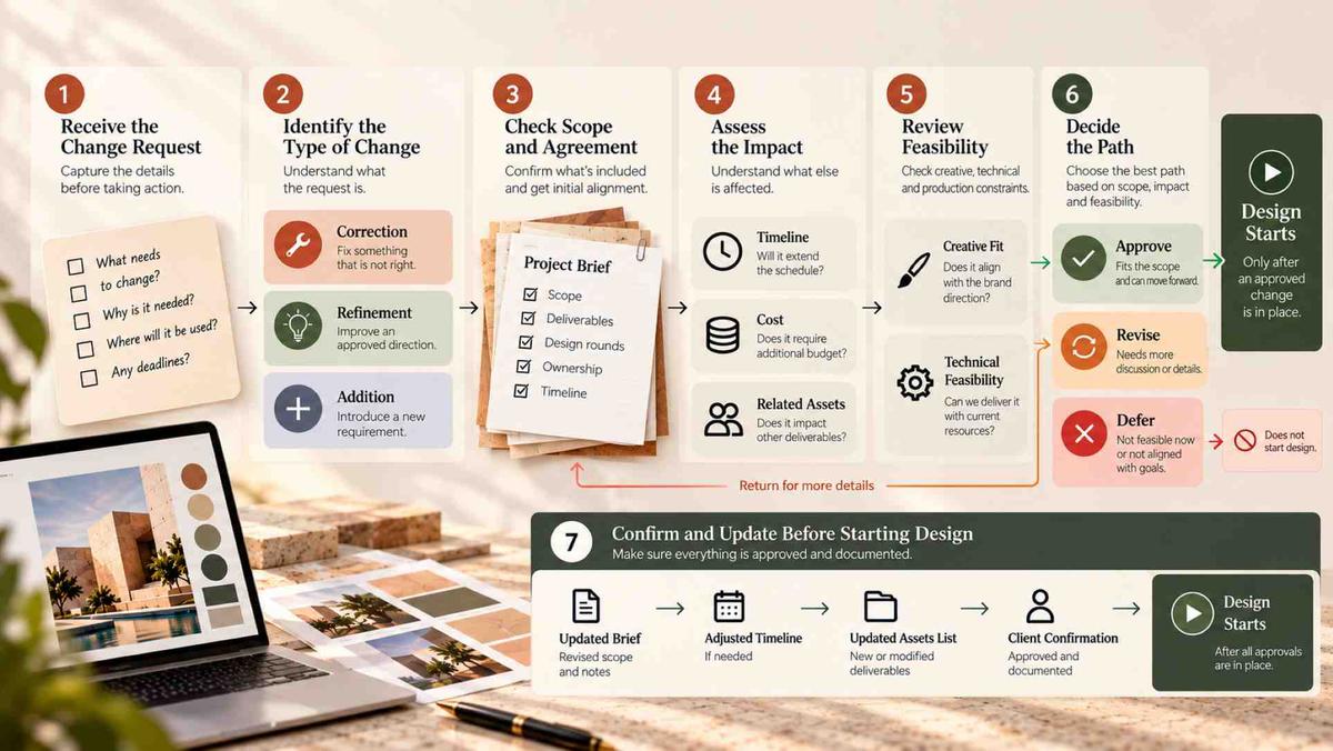 Design change request workflow showing scope review, impact assessment, feasibility, approval, and confirmation before work begins