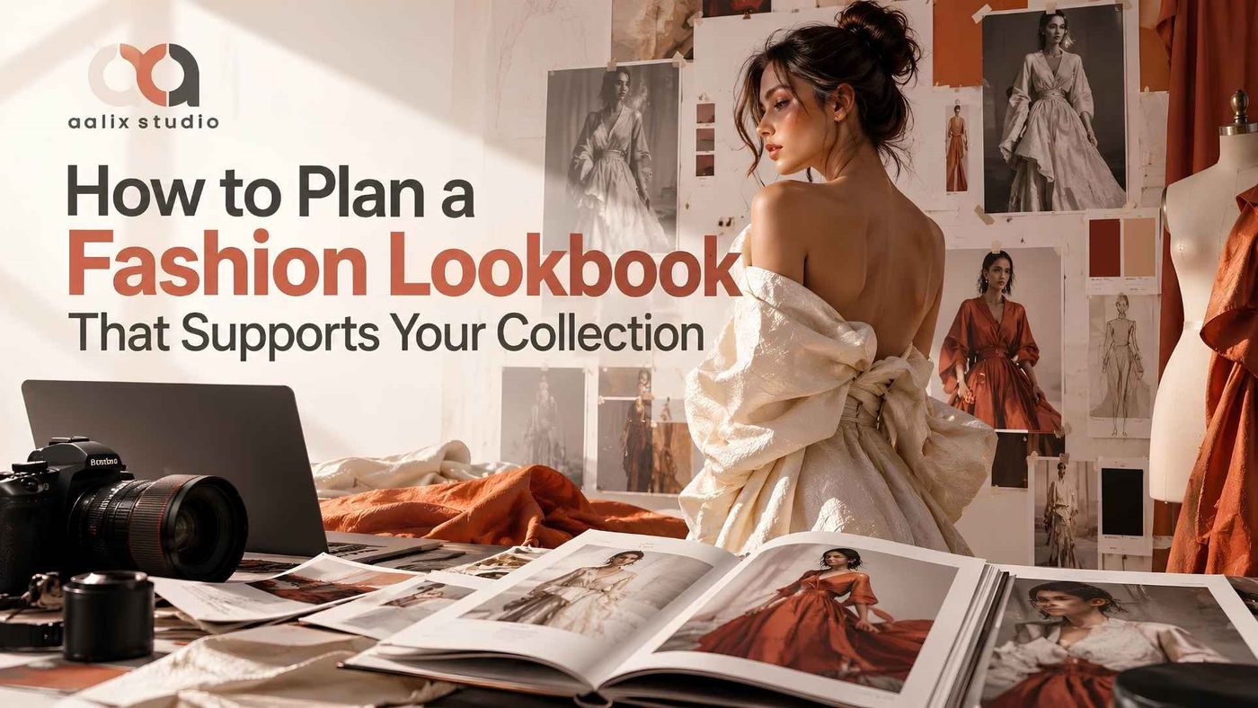 Fashion lookbook planning with collection references, styling boards, photography, and finished lookbook images