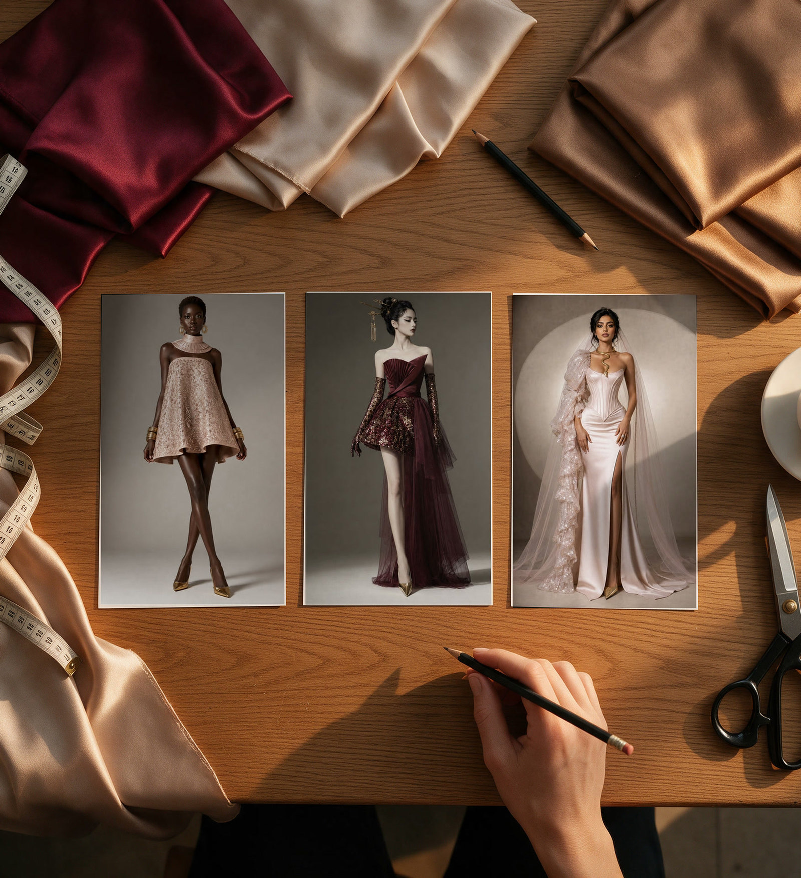 Reference prints of Looks 01, 04 and 05 on the design table with the collection's satin, measuring tape and sketching pencil