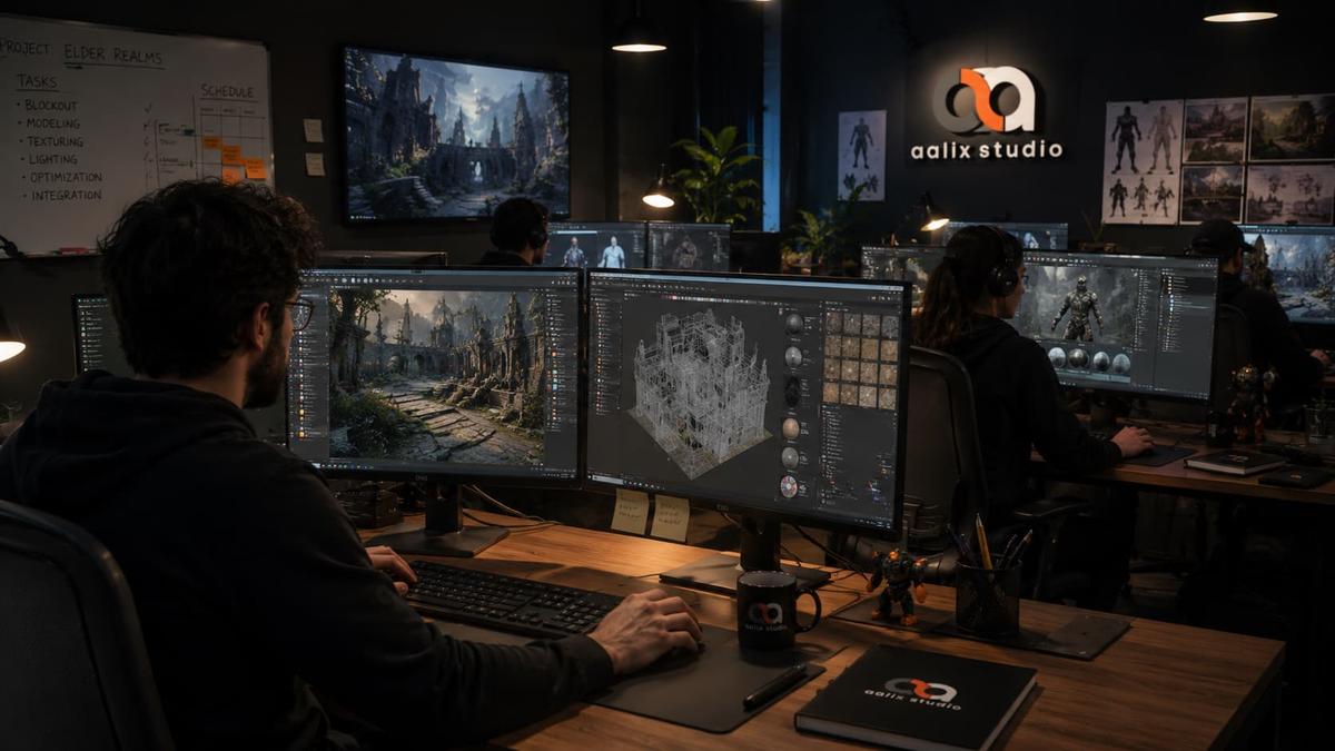 Game art production team working on 3D environments, assets, materials, and technical integration in a professional studio