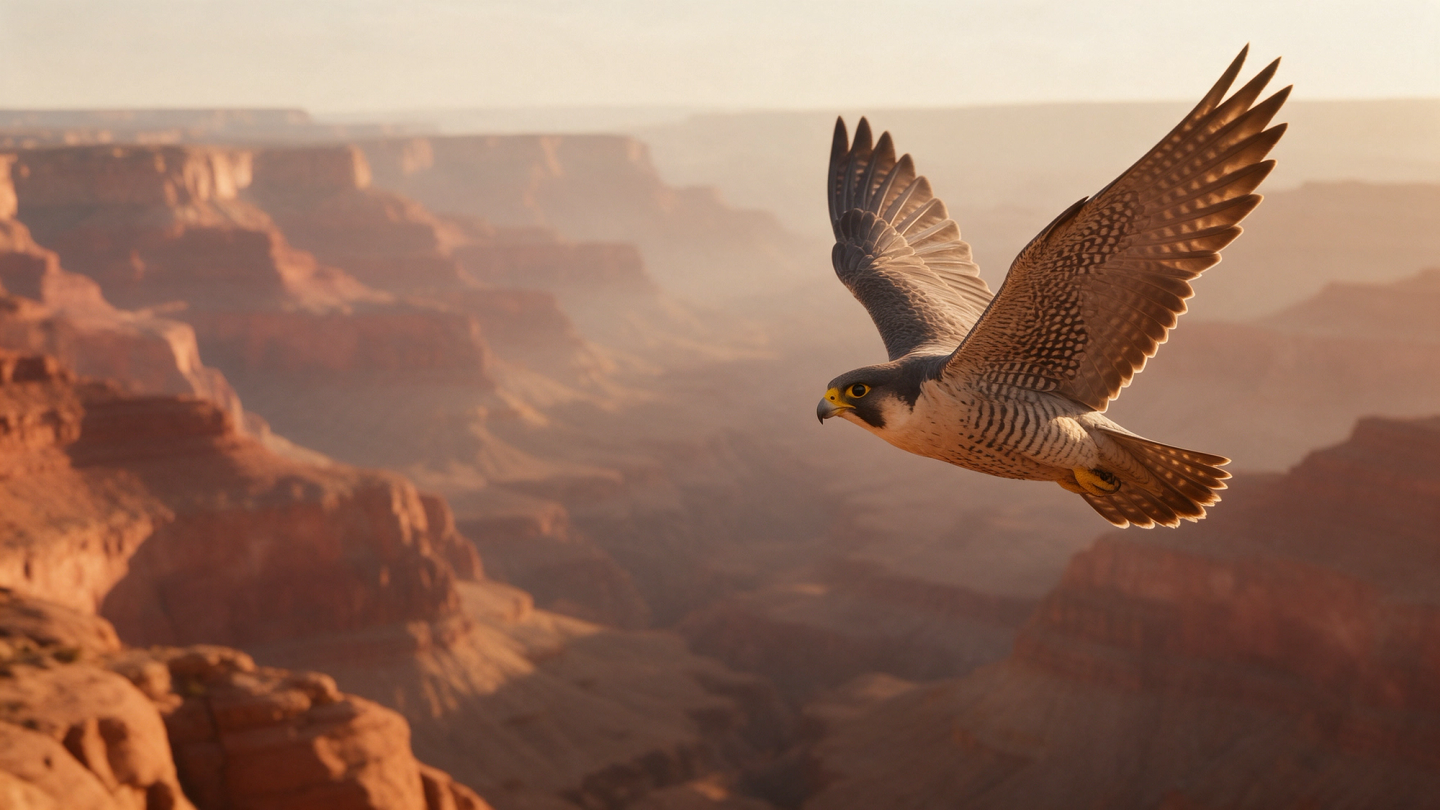 A peregrine falcon in flight over a terracotta canyon at golden hour, the Falcon Reach brand spirit