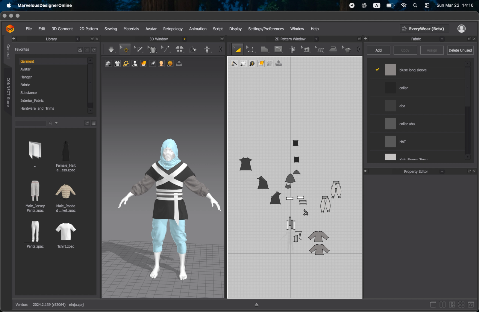 Ninja character 3D modeling, clothing, and asset development