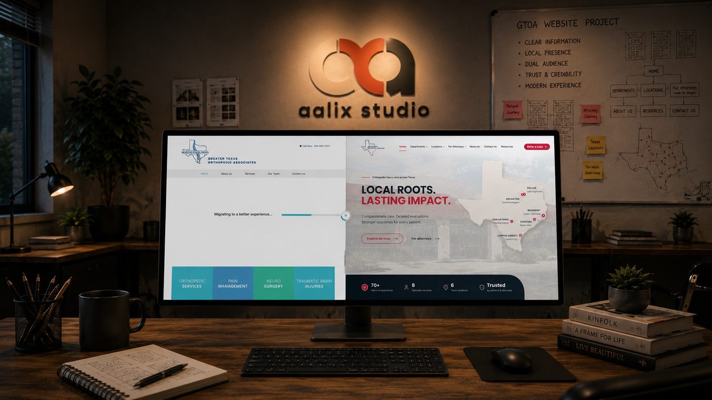Greater Texas Orthopedic Associates website displayed on a desktop monitor in the Aalix Studio workspace