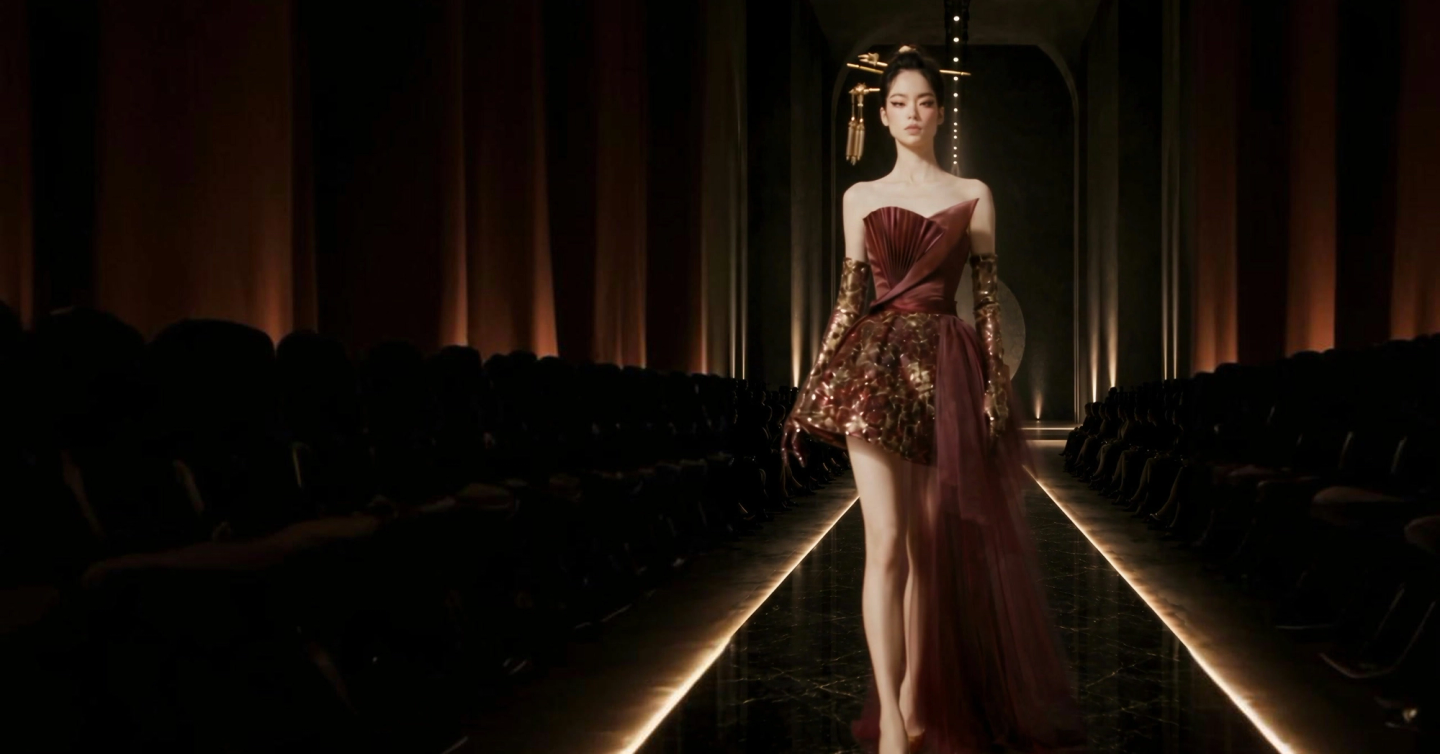 Look 04: burgundy sequin mini with a pleated fan bodice, opera gloves and a sheer tulle train